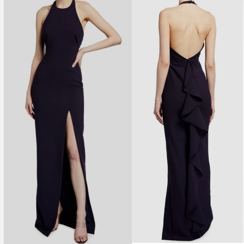 NWT LIKELY Women's Blue Ferris Crepe Backless Halter Ruffled Gown Dress Size 2